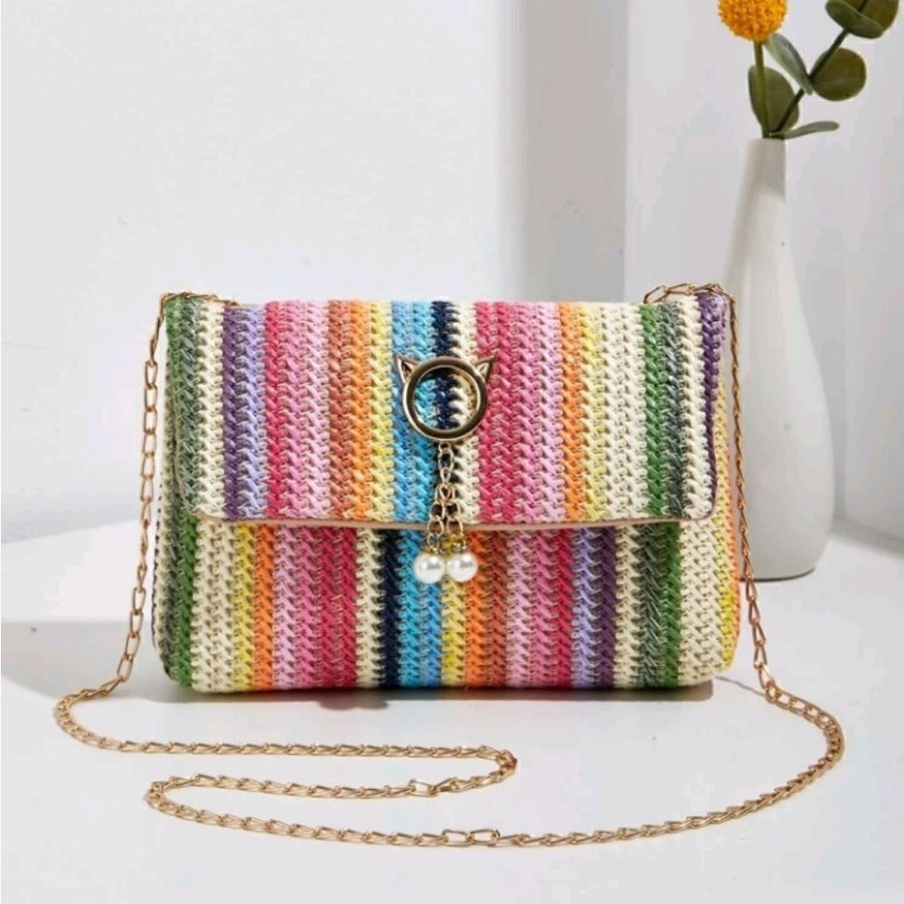 Color Block Faux Pearl Rainbow Flap Chain Straw Bag